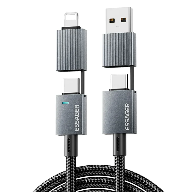 ESSAGER 1m 4 in 1 USB-A  /  Type-C to Type-C  /  iP Braided Data Cord PD 240W Fast Charging Cable - Grey