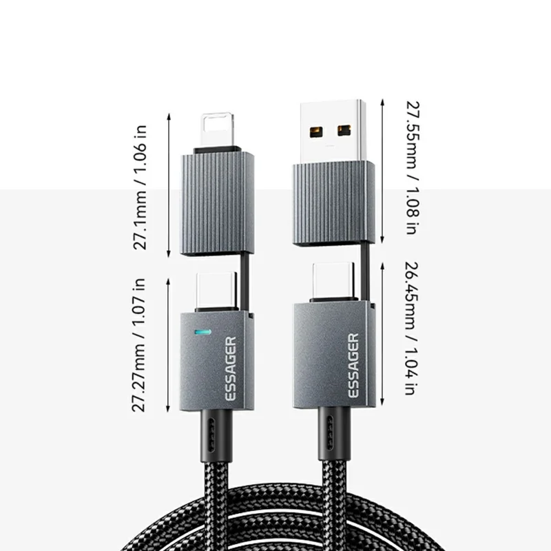 ESSAGER 1m 4 in 1 USB-A  /  Type-C to Type-C  /  iP Braided Data Cord PD 240W Fast Charging Cable - Grey