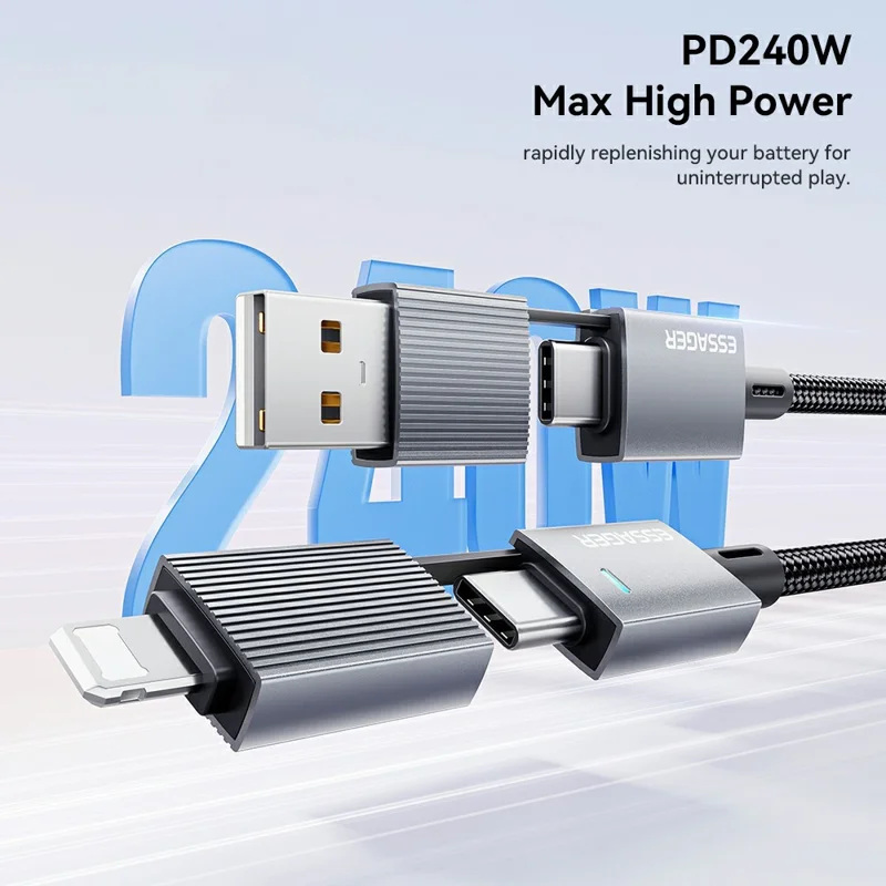 ESSAGER 2m 4 in 1 USB-A  /  Type-C to Type-C  /  iP Braided Data Cord PD 240W Fast Charging Cable - Grey