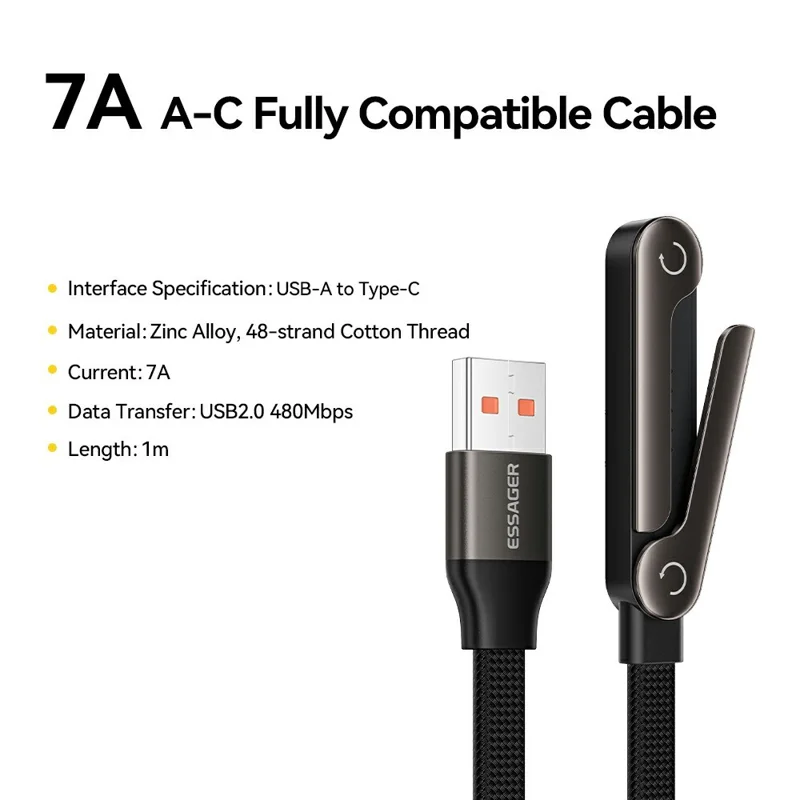 ESSAGER 1m 7A Fast Charging USB-A to Type-C L-Shape Cable with Stand for Gaming Charging - Grey