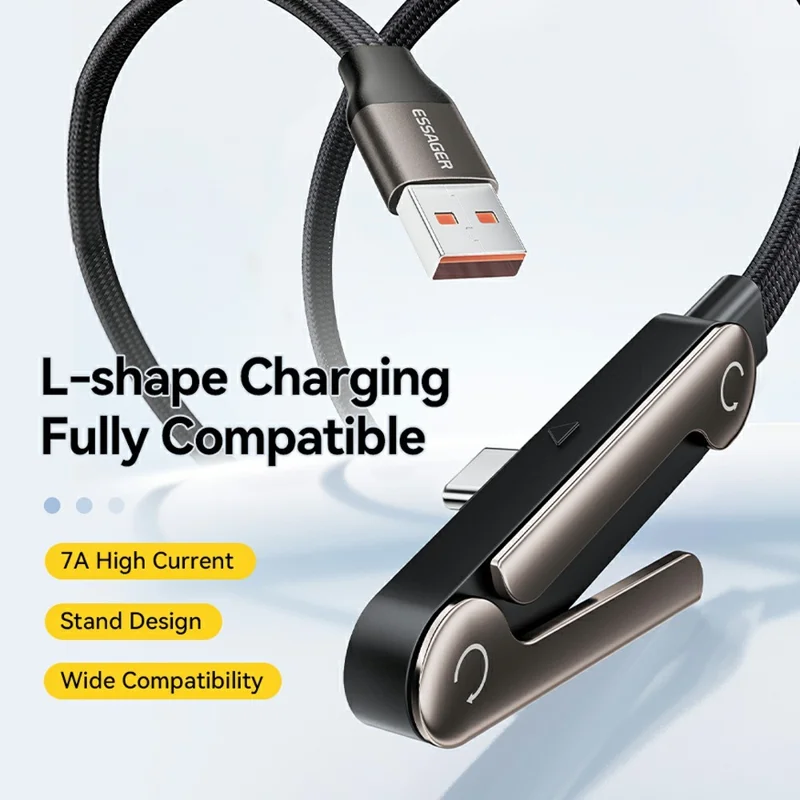ESSAGER 1m 7A Fast Charging USB-A to Type-C L-Shape Cable with Stand for Gaming Charging - Grey