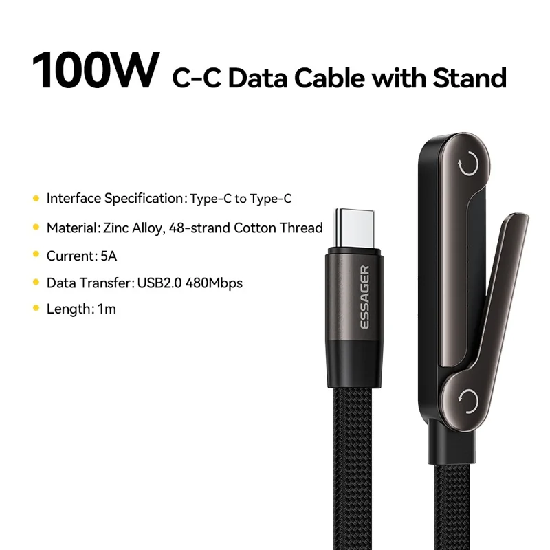 ESSAGER 1m USB-C to USB-C L-Shape 100W Fast Charging Cable with Stand for Gaming Charging - Tarnish