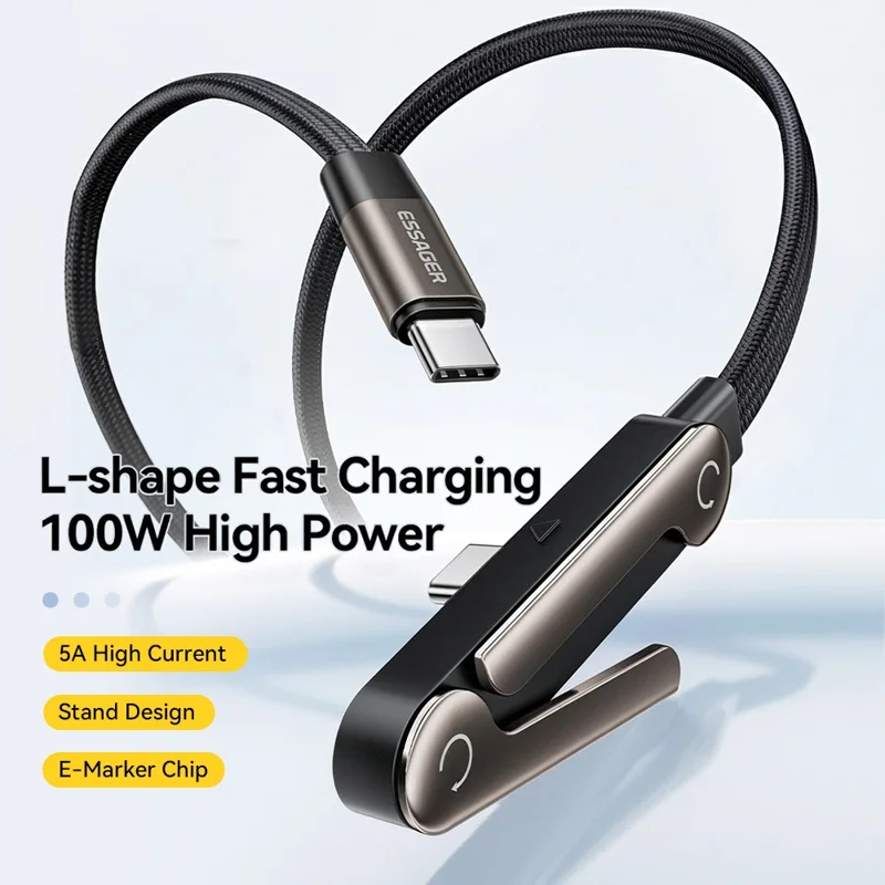 ESSAGER 1m USB-C to USB-C L-Shape 100W Fast Charging Cable with Stand for Gaming Charging - Tarnish