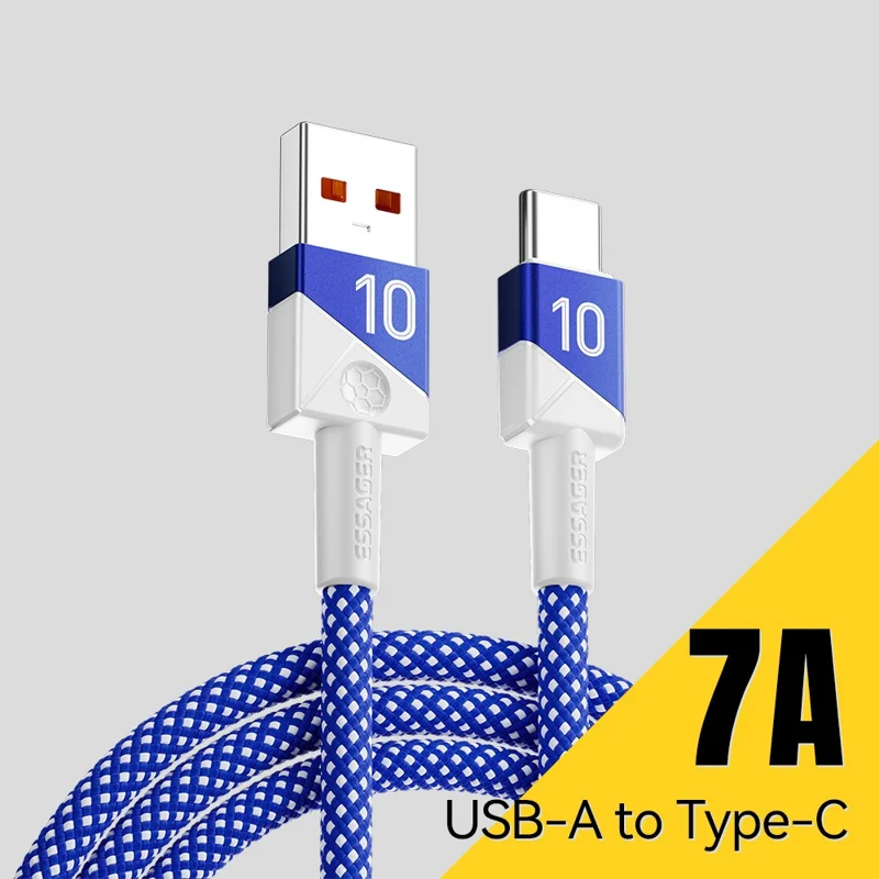 ESSAGER 2m Football Theme 7A Fast Charging Cable USB-A to USB-C Data Cord for Huawei Samsung Xiaomi - Sapphire
