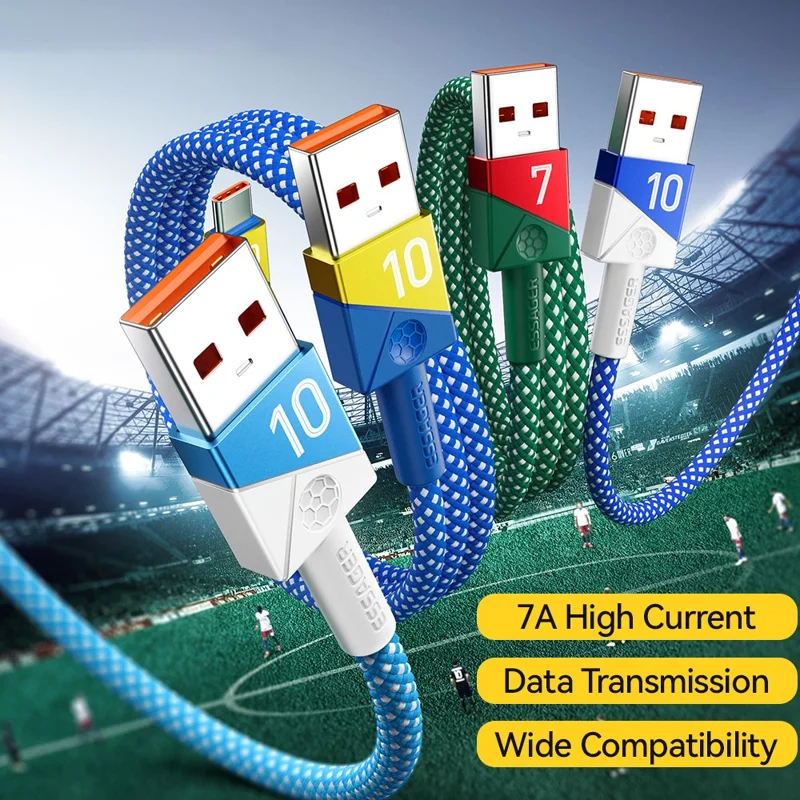 ESSAGER 2m Football Theme 7A Fast Charging Cable USB-A to USB-C Data Cord for Huawei Samsung Xiaomi - Sapphire