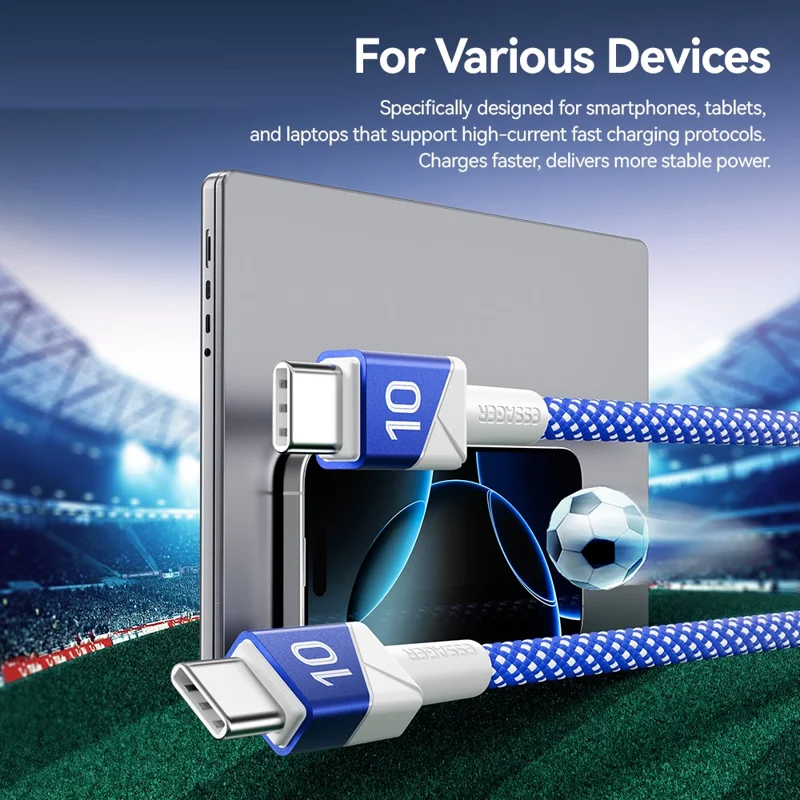 ESSAGER 1m Football Theme USB-C to USB-C 100W Fast Charging Data Cable for Huawei Samsung Xiaomi - Sapphire