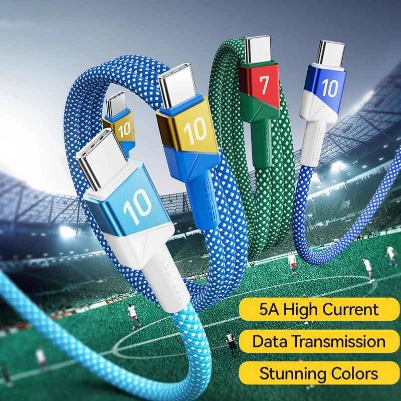 ESSAGER 2m Football Theme USB-C to USB-C 100W Fast Charging Data Cable for Huawei Samsung Xiaomi - Sapphire