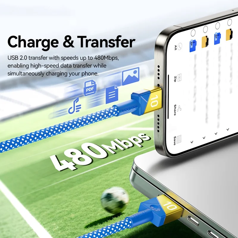 ESSAGER 2m Football Theme USB-C to USB-C 100W Fast Charging Data Cable for Huawei Samsung Xiaomi - Sapphire