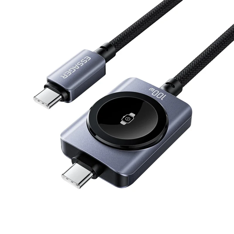 ESSAGER 2 in 1 100W Fast Charging Type-C to Type-C + Magnetic Wireless Charger for Apple Watch with 1m Cable - Grey