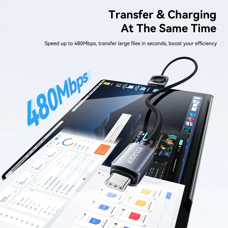 ESSAGER 2 in 1 100W Fast Charging Type-C to Type-C + Magnetic Wireless Charger for Apple Watch with 1m Cable - Grey