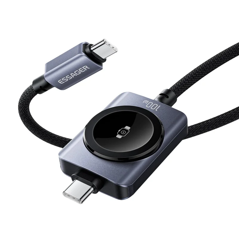ESSAGER 2 in 1 100W Fast Charging Type-C to Type-C + Magnetic Wireless Charger for Apple Watch with 1m Cable - Grey
