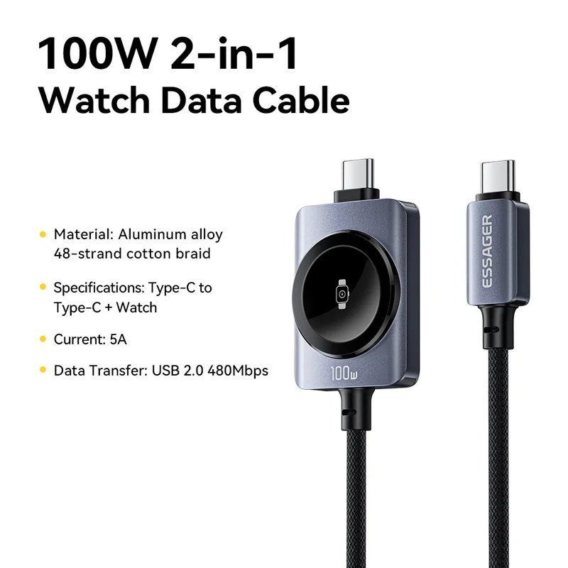 ESSAGER 2 in 1 100W Fast Charging Type-C to Type-C + Magnetic Wireless Charger for Apple Watch with 1m Cable - Grey