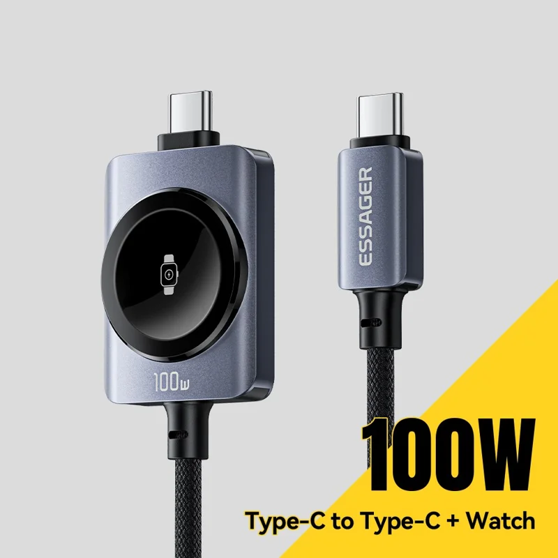 ESSAGER 2 in 1 100W Fast Charging Type-C to Type-C + Magnetic Wireless Charger for Apple Watch with 1m Cable - Grey
