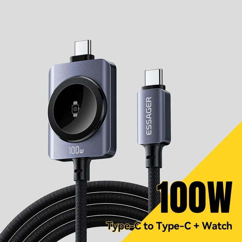 ESSAGER 2 in 1 100W Fast Charging Type-C to Type-C + Magnetic Wireless Charger for Apple Watch with 1m Cable - Grey