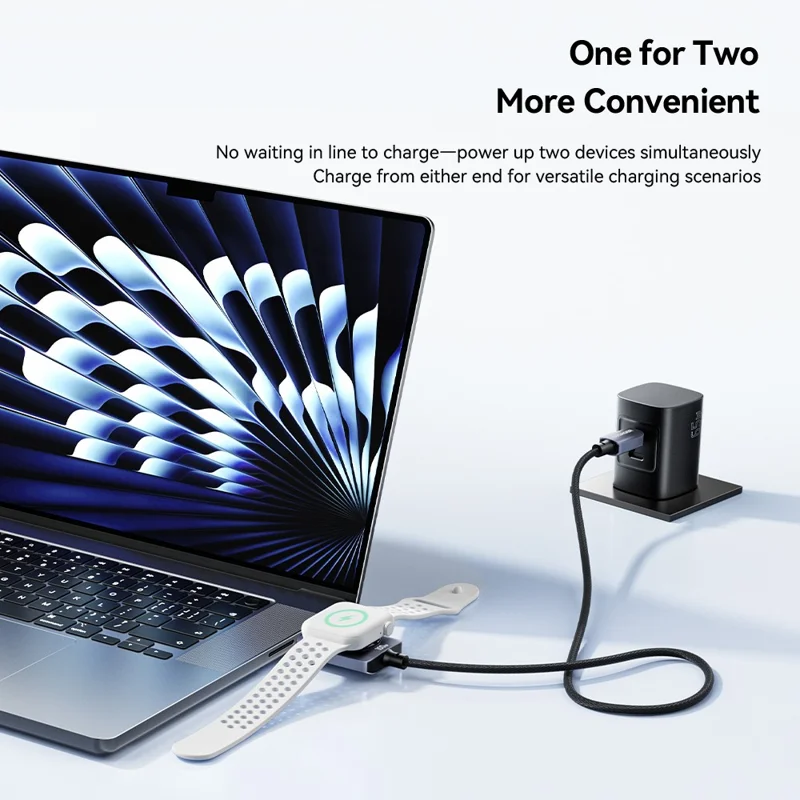 ESSAGER 2 in 1 100W Fast Charging Type-C to Type-C + Magnetic Wireless Charger for Apple Watch with 1m Cable - Grey