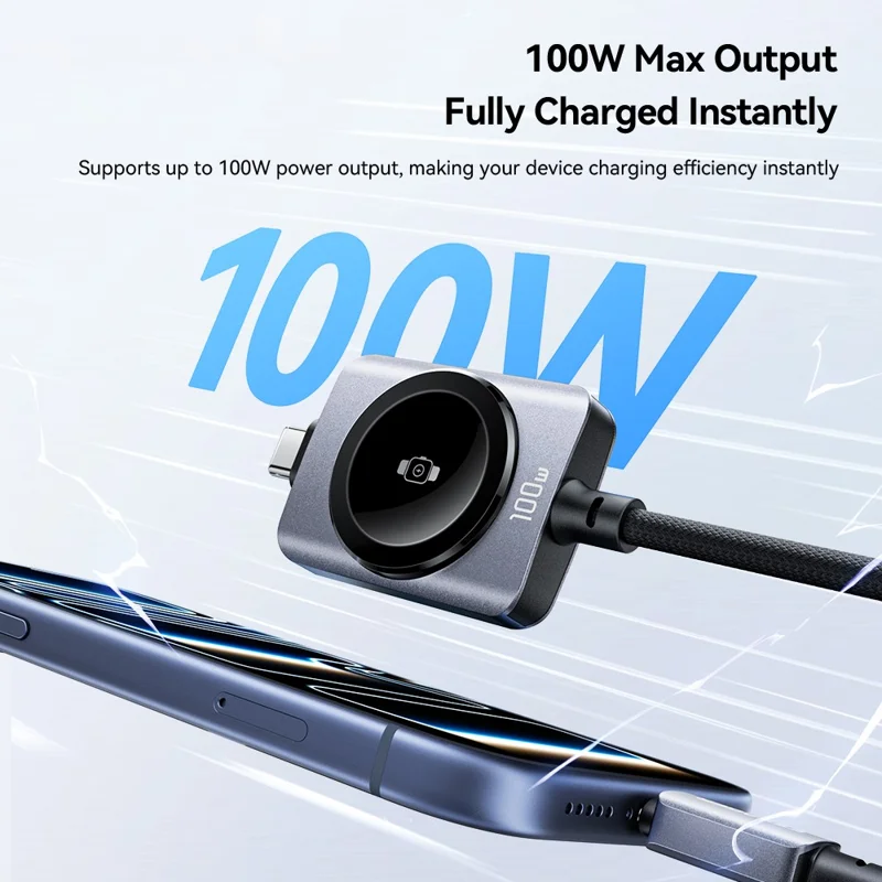 ESSAGER 2 in 1 100W Fast Charging Type-C to Type-C + Magnetic Wireless Charger for Apple Watch with 1m Cable - Grey