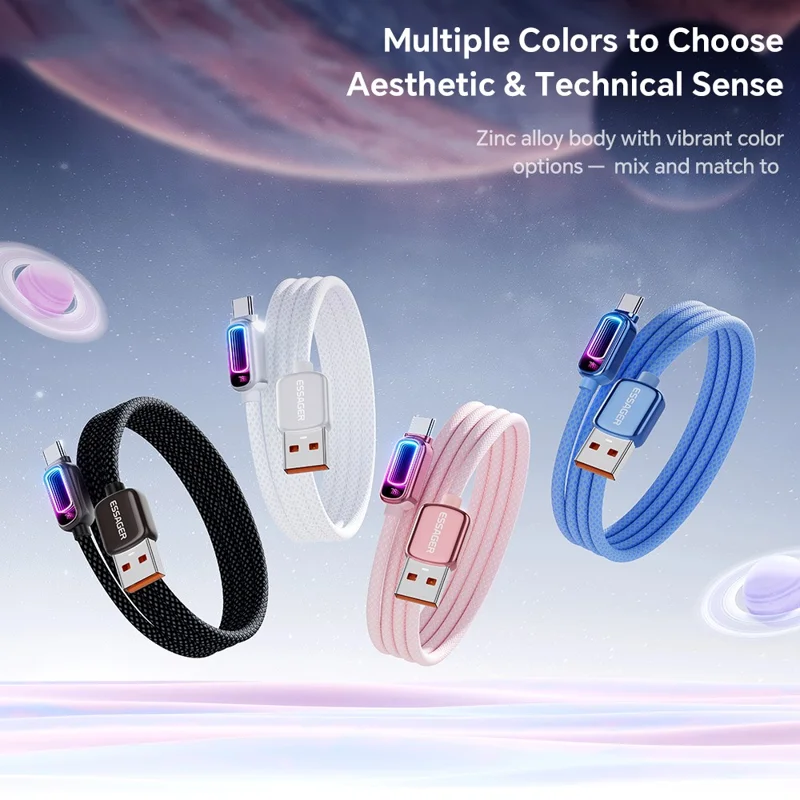 ESSAGER 1m USB A to Type-C 7A Fast Charging Data Cable with Dynamic RGB Breathing Light for Samsung Huawei Xiaomi - Tarnish