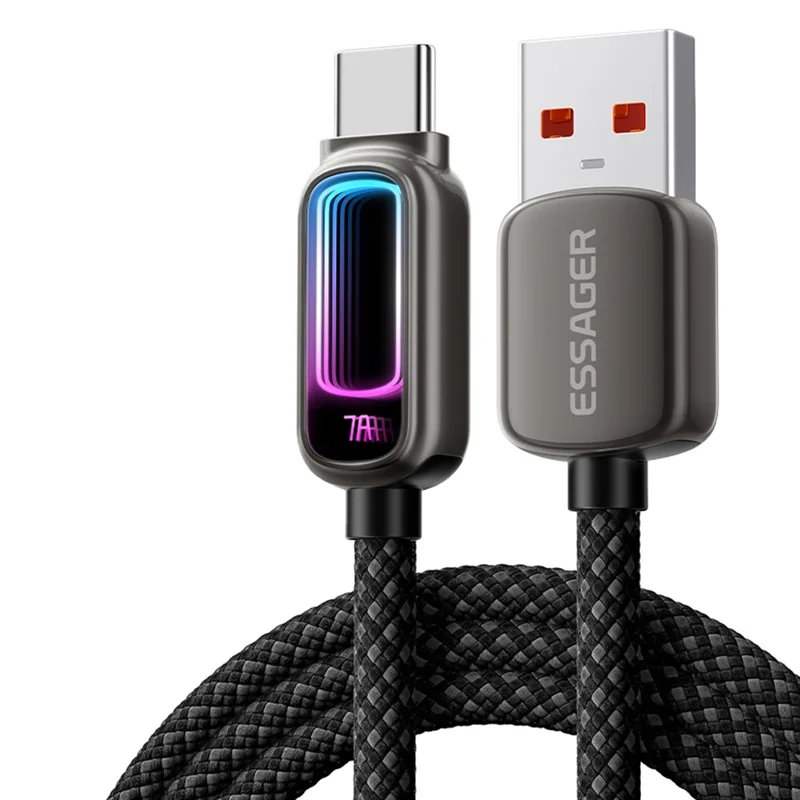 ESSAGER 2m USB A to Type-C 7A Fast Charging Data Cable with Dynamic RGB Breathing Light for Samsung Huawei Xiaomi - Tarnish