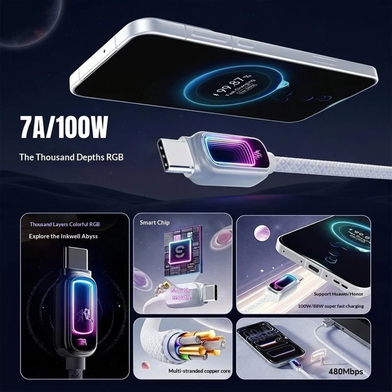 ESSAGER 2m USB A to Type-C 7A Fast Charging Data Cable with Dynamic RGB Breathing Light for Samsung Huawei Xiaomi - Tarnish