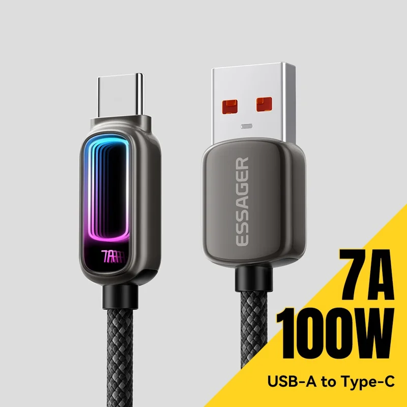 ESSAGER 2m USB A to Type-C 7A Fast Charging Data Cable with Dynamic RGB Breathing Light for Samsung Huawei Xiaomi - Tarnish