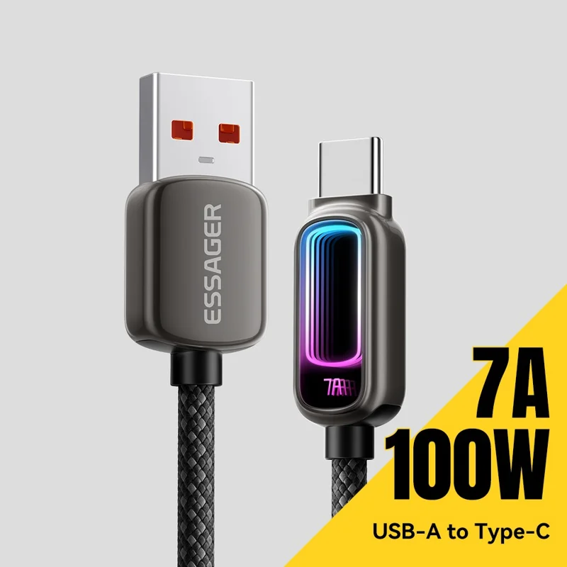 ESSAGER 2m USB A to Type-C 7A Fast Charging Data Cable with Dynamic RGB Breathing Light for Samsung Huawei Xiaomi - Tarnish