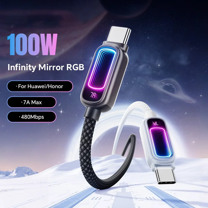 ESSAGER 2m USB A to Type-C 7A Fast Charging Data Cable with Dynamic RGB Breathing Light for Samsung Huawei Xiaomi - Tarnish