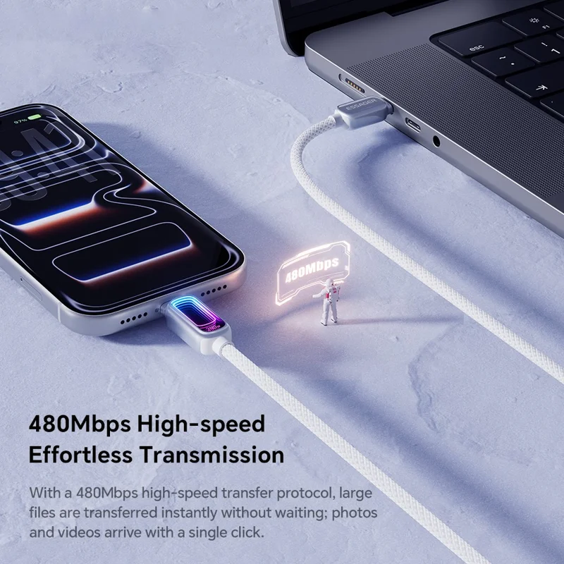 ESSAGER 1m 240W Fast Charging USB-C to USB-C 480Mbps Data Cable with Dynamic RGB Breathing Light - Tarnish
