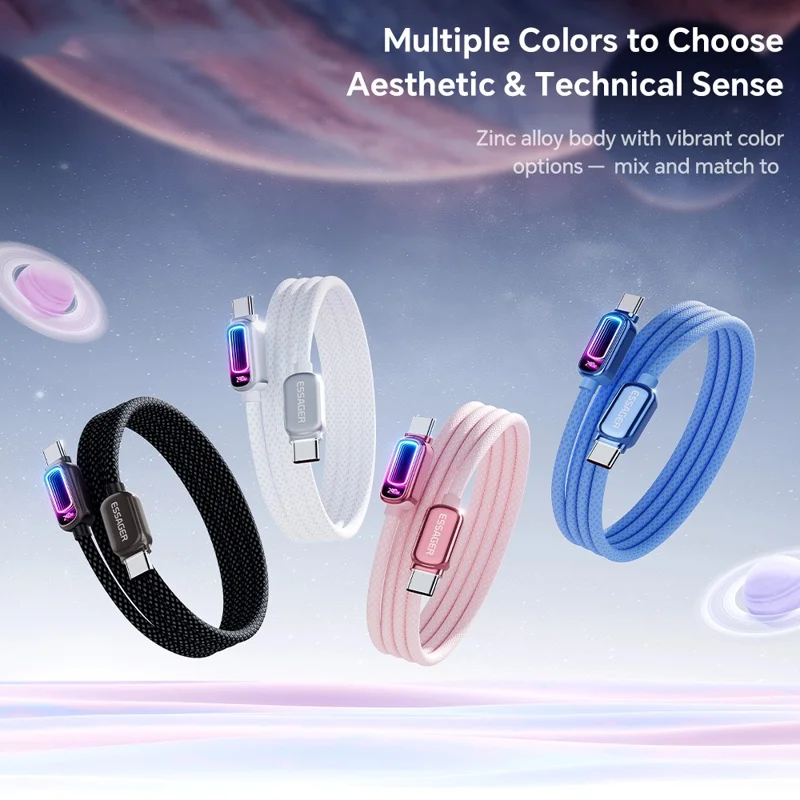 ESSAGER 1m 240W Fast Charging USB-C to USB-C 480Mbps Data Cable with Dynamic RGB Breathing Light - Tarnish