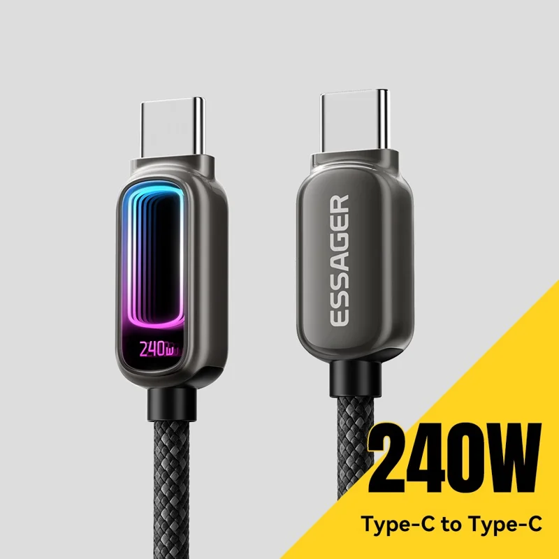ESSAGER 1m 240W Fast Charging USB-C to USB-C 480Mbps Data Cable with Dynamic RGB Breathing Light - Tarnish
