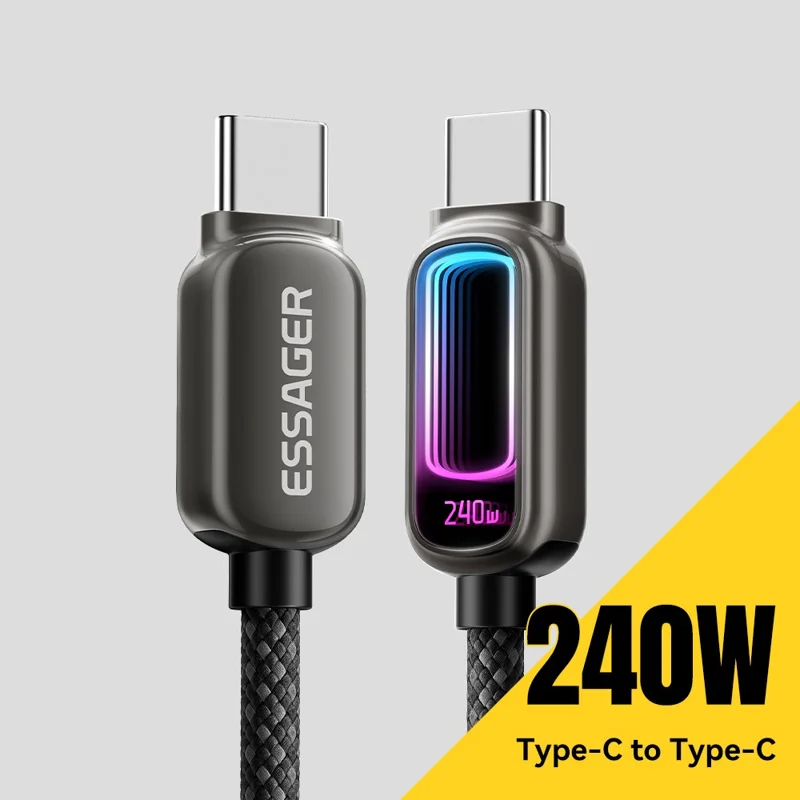 ESSAGER 1m 240W Fast Charging USB-C to USB-C 480Mbps Data Cable with Dynamic RGB Breathing Light - Tarnish