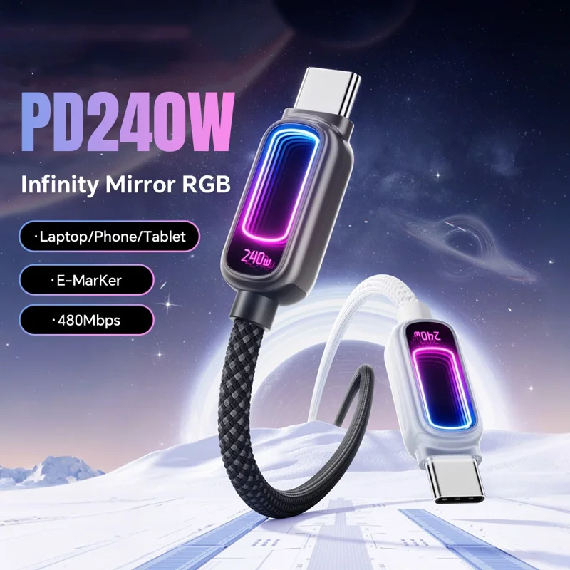 ESSAGER 1m 240W Fast Charging USB-C to USB-C 480Mbps Data Cable with Dynamic RGB Breathing Light - Tarnish