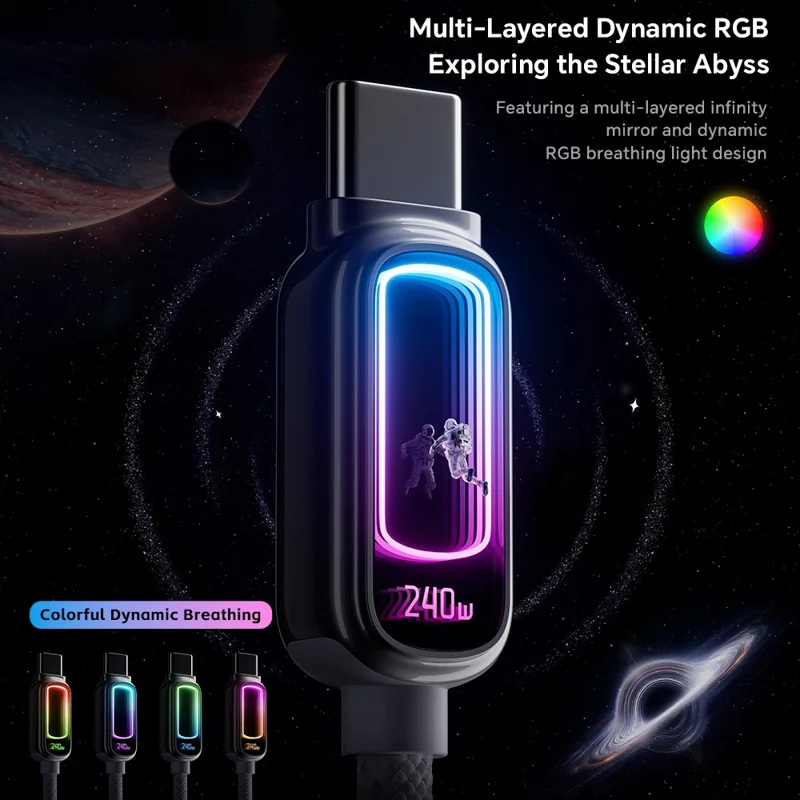 ESSAGER 1m 240W Fast Charging USB-C to USB-C 480Mbps Data Cable with Dynamic RGB Breathing Light - Tarnish