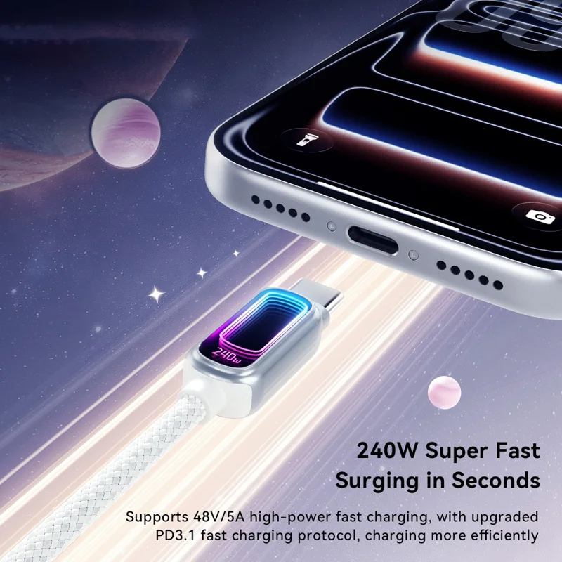 ESSAGER 1m 240W Fast Charging USB-C to USB-C 480Mbps Data Cable with Dynamic RGB Breathing Light - Tarnish