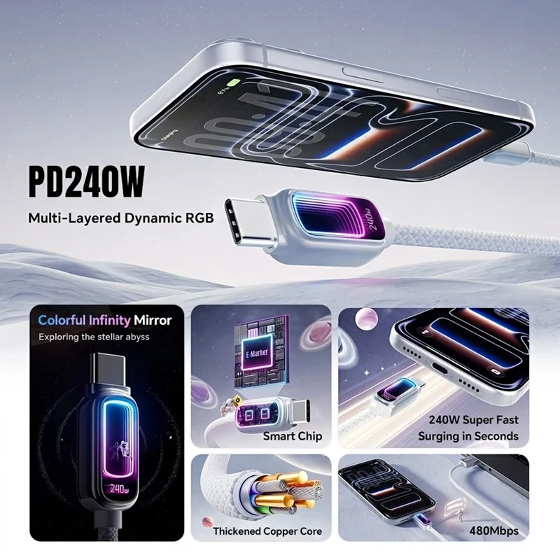 ESSAGER 2m 240W Fast Charging USB-C to USB-C 480Mbps Data Cable with Dynamic RGB Breathing Light - Tarnish