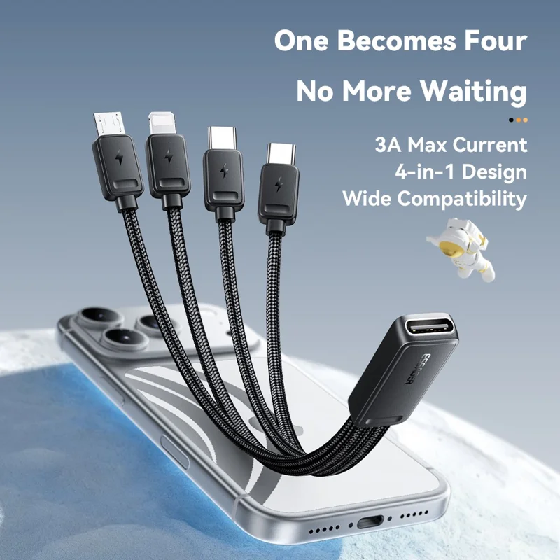 ESSAGER 4-in-1-Kabel Type-C auf 2 Type-C, Micro, iP (5-14), 3A Schnellladekabel, 16 cm
