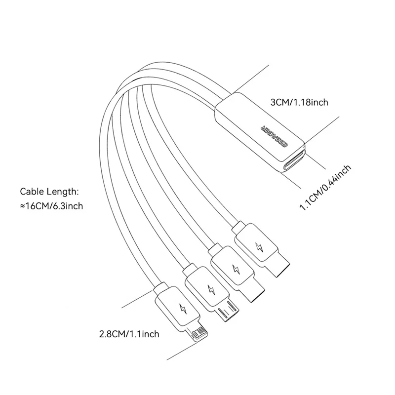 ESSAGER 4-in-1-Kabel Type-C auf 2 Type-C, Micro, iP (5-14), 3A Schnellladekabel, 16 cm