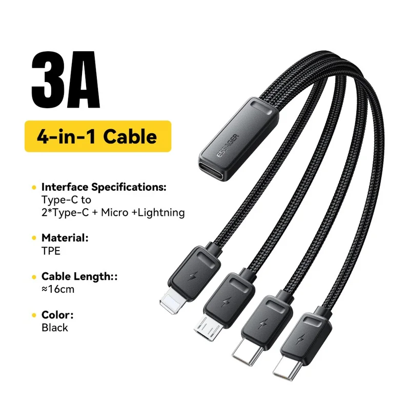 ESSAGER 4-in-1-Kabel Type-C auf 2 Type-C, Micro, iP (5-14), 3A Schnellladekabel, 16 cm