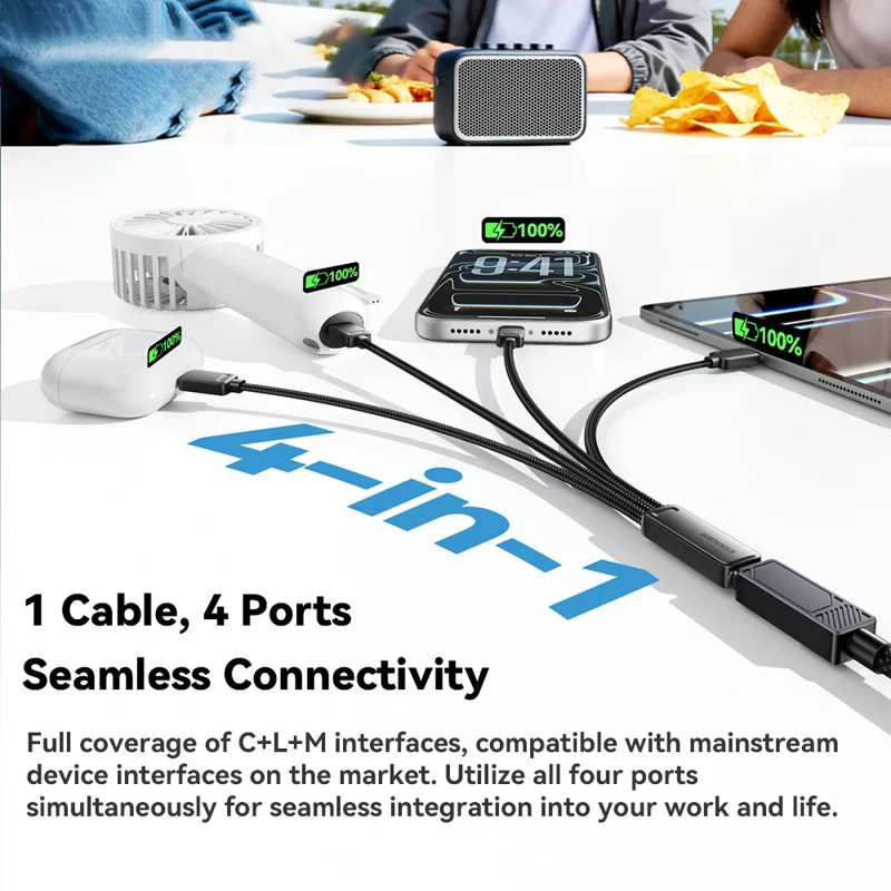 ESSAGER 4-in-1-Kabel Type-C auf 2 Type-C, Micro, iP (5-14), 3A Schnellladekabel, 16 cm