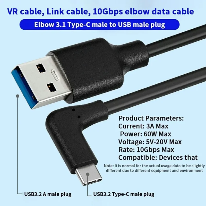 PQ102 2m For Meta Quest 2 VR Link Cable USB-A to Type-C 90 Degree Elbow PD 60W Fast Charging 10Gbps Data Transfer Cable - Black