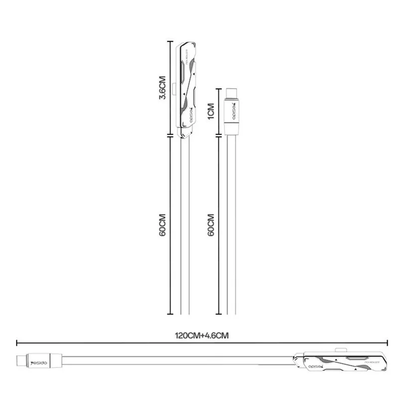 YESIDO CA207 1.2m USB-C to USB-C 90 Degree Elbow Cable 60W Fast Charging Data Cable with Stand - Tarnish+Black