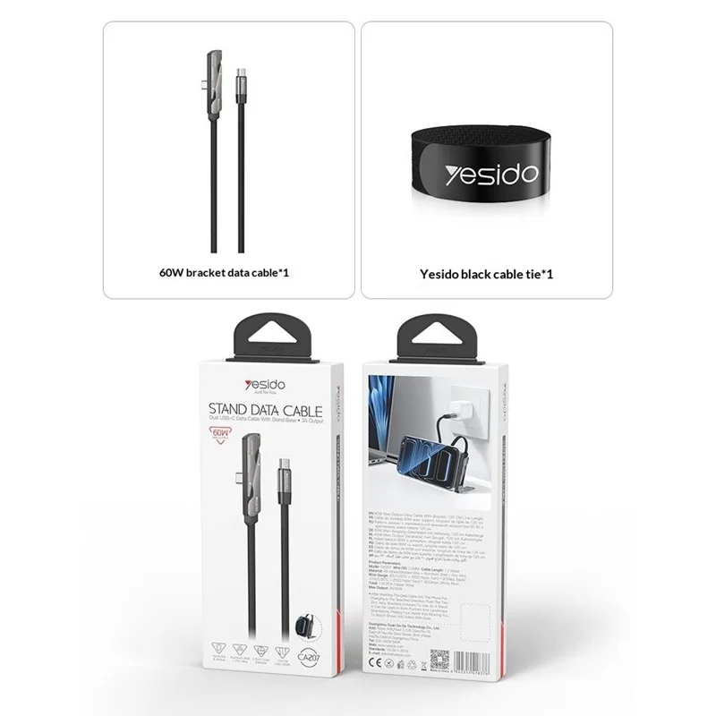 YESIDO CA207 1.2m USB-C to USB-C 90 Degree Elbow Cable 60W Fast Charging Data Cable with Stand - Tarnish+Black