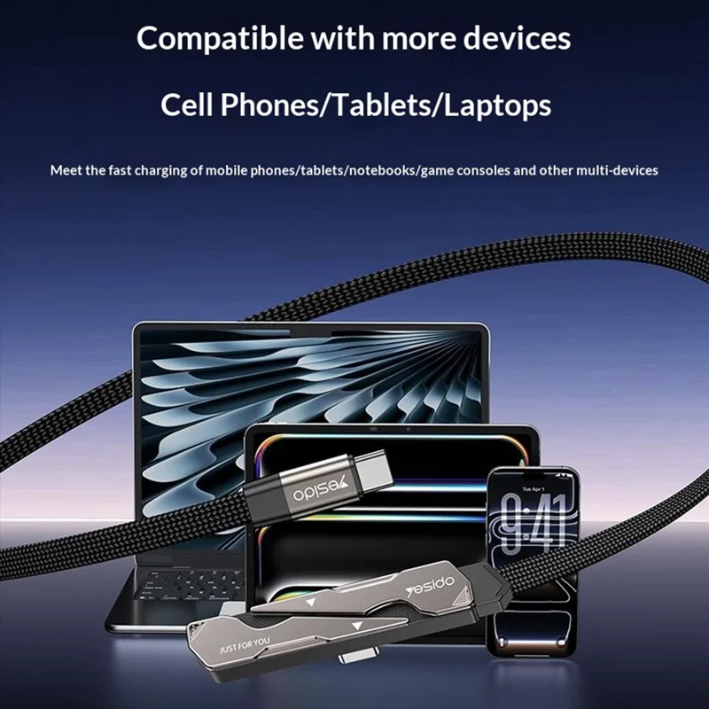 YESIDO CA207 1.2m USB-C to USB-C 90 Degree Elbow Cable 60W Fast Charging Data Cable with Stand - Tarnish+Black