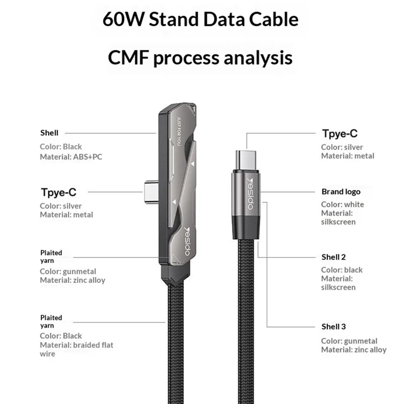 YESIDO CA207 1.2m USB-C to USB-C 90 Degree Elbow Cable 60W Fast Charging Data Cable with Stand - Tarnish+Black