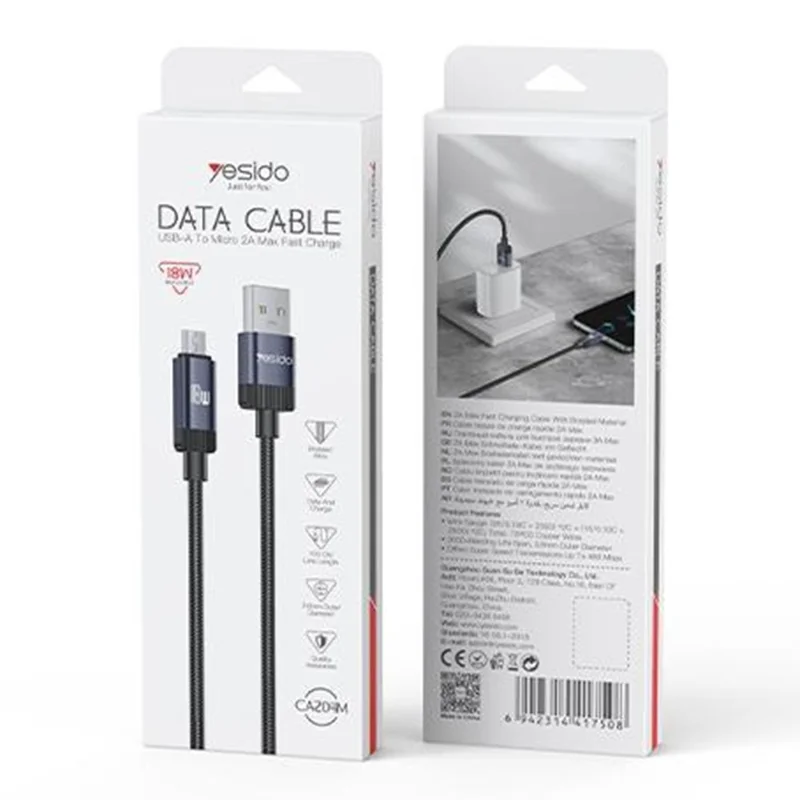 YESIDO CA204M 1m USB A to Micro USB Cable 18W Fast Charging Braided Data Cable for Samsung / Xiaomi / Motorola - Tarnish Grey