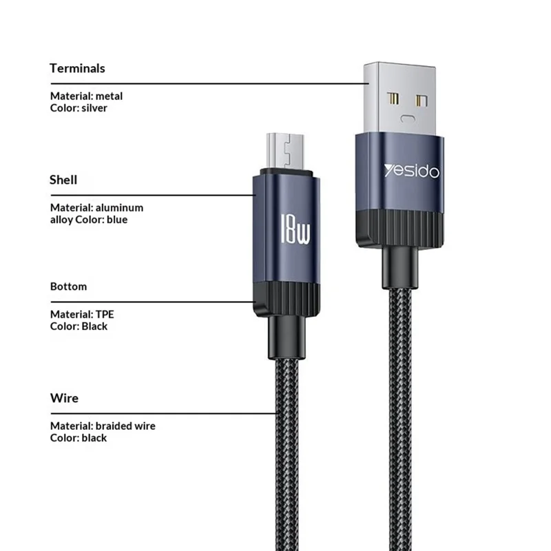 YESIDO CA204M 1m USB A to Micro USB Cable 18W Fast Charging Braided Data Cable for Samsung / Xiaomi / Motorola - Tarnish Grey