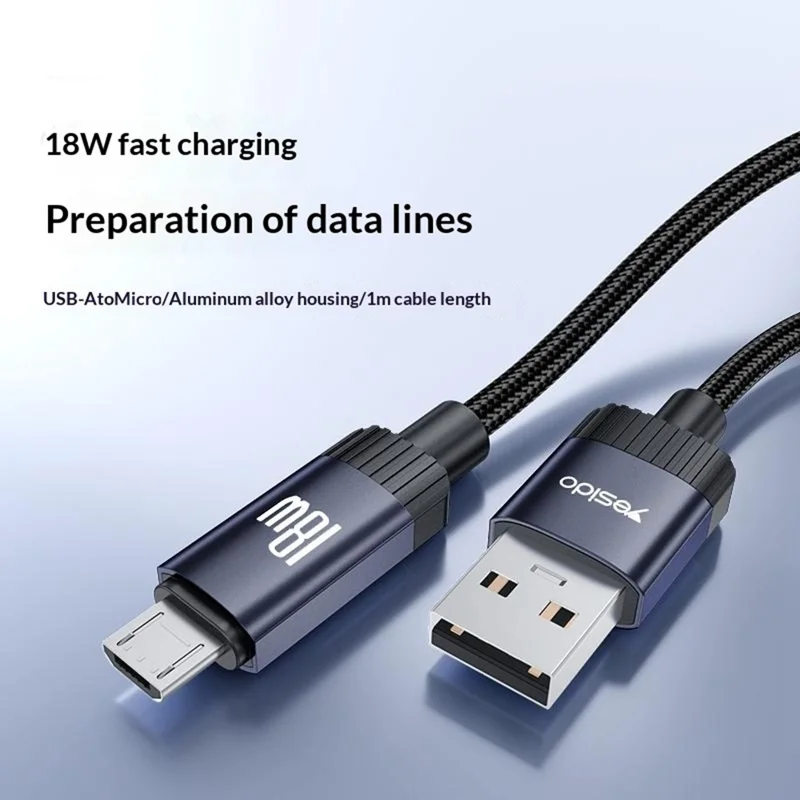 YESIDO CA204M 1m USB A to Micro USB Cable 18W Fast Charging Braided Data Cable for Samsung / Xiaomi / Motorola - Tarnish Grey