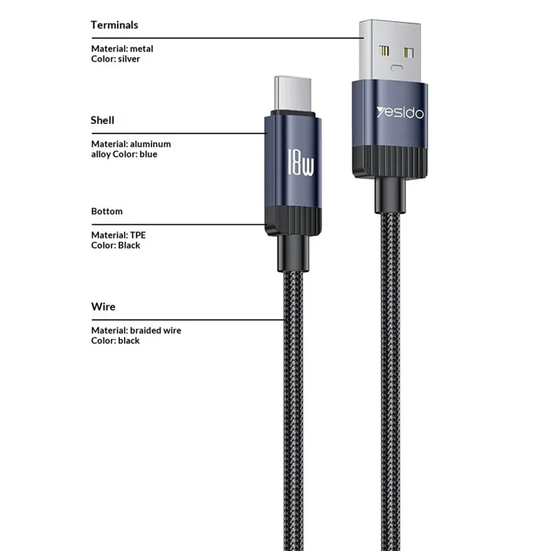 YESIDO CA204C 1m USB-A to Type-C Cable 18W Fast Charging 480Mbps Data Transfer Wire - Tarnish Grey