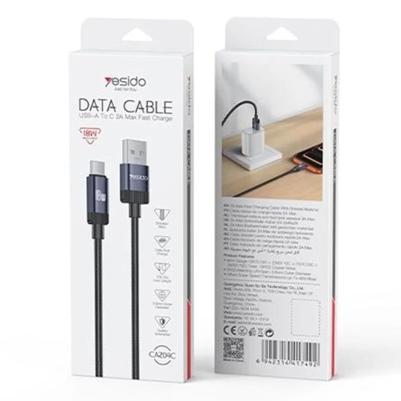 YESIDO CA204C 1m USB-A to Type-C Cable 18W Fast Charging 480Mbps Data Transfer Wire - Tarnish Grey