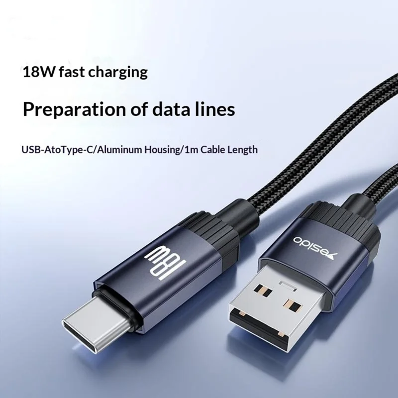 YESIDO CA204C 1m USB-A to Type-C Cable 18W Fast Charging 480Mbps Data Transfer Wire - Tarnish Grey