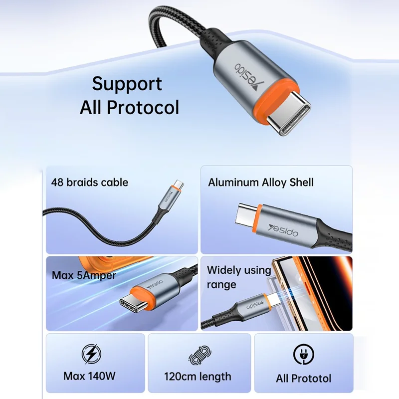 YESIDO CA212 1.2m 140W Fast Charging Braided Type-C to Type-C Cable for Phone Tablet
